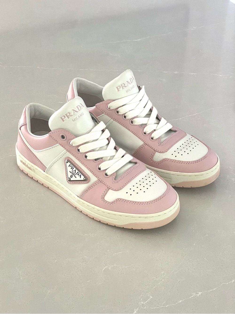 Authentic Prada Downtown Leather White/Pink Trainers Size 37 1/2